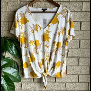 Ann Taylor Factory Tie Knot Blouse Shirt Yellow White Tan XL